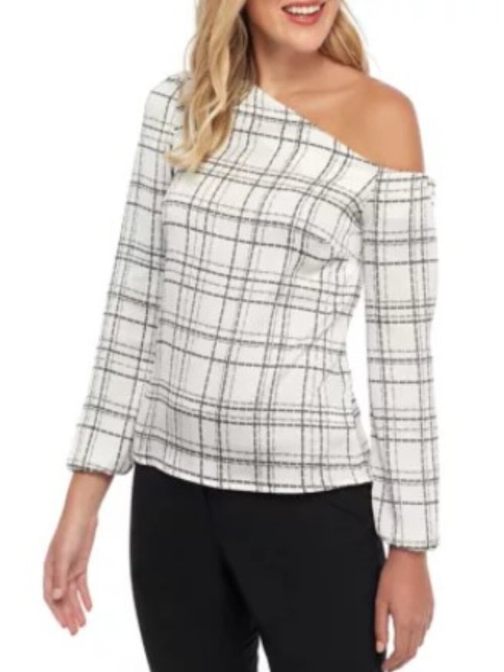 The Limited Dappled Plaid Asymmetrical Top NWT — Cream/Black 3/4 Sleeve Size M
